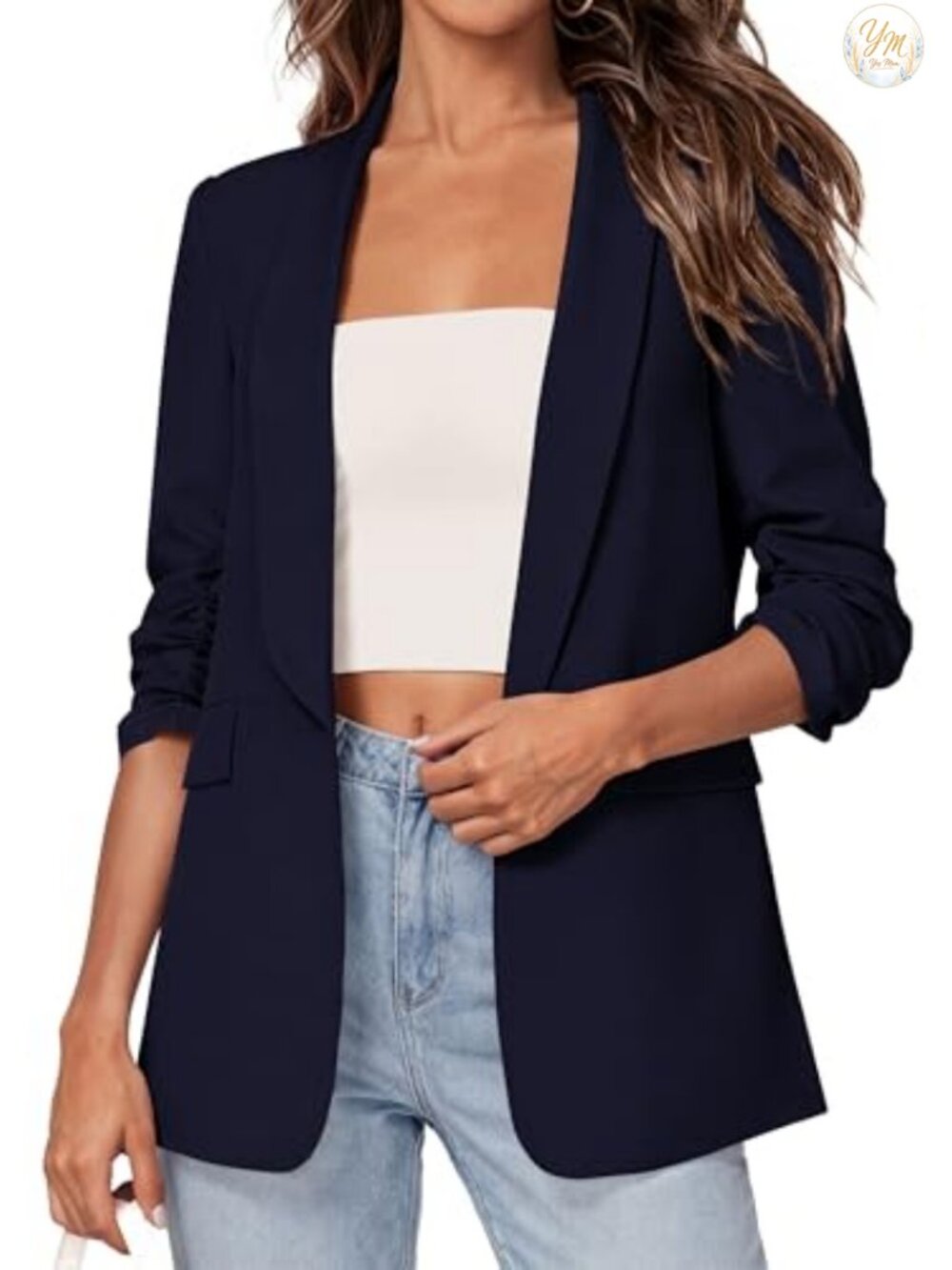 Business Casual Blazer Women Open Front Shawl Lapel 3/4 Sleeve Slim Fit Suit